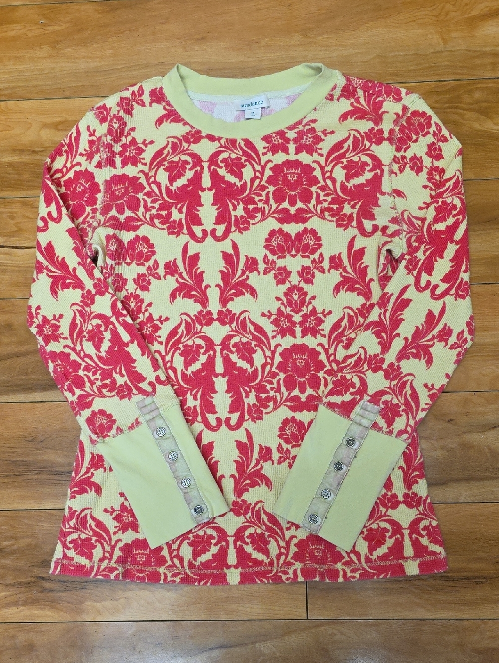 Sundance Thermal Waffle Knit Boho Top Lime Green Pink Damask Floral Size Medium